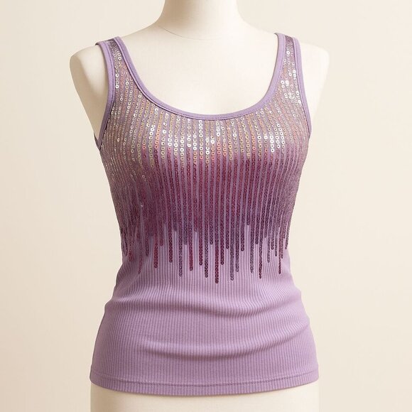 Express Purple Sequin Tank Top S – Scoop Neck Ribbed Stretch NWOT Twilight Glam - Picture 1 of 9